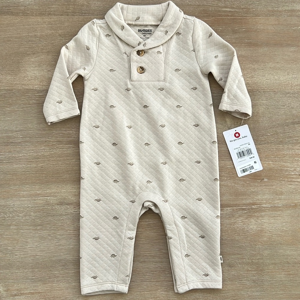 Huggies Baby Boy Shawl Collar Dinosaur Neutral Romper 9 months